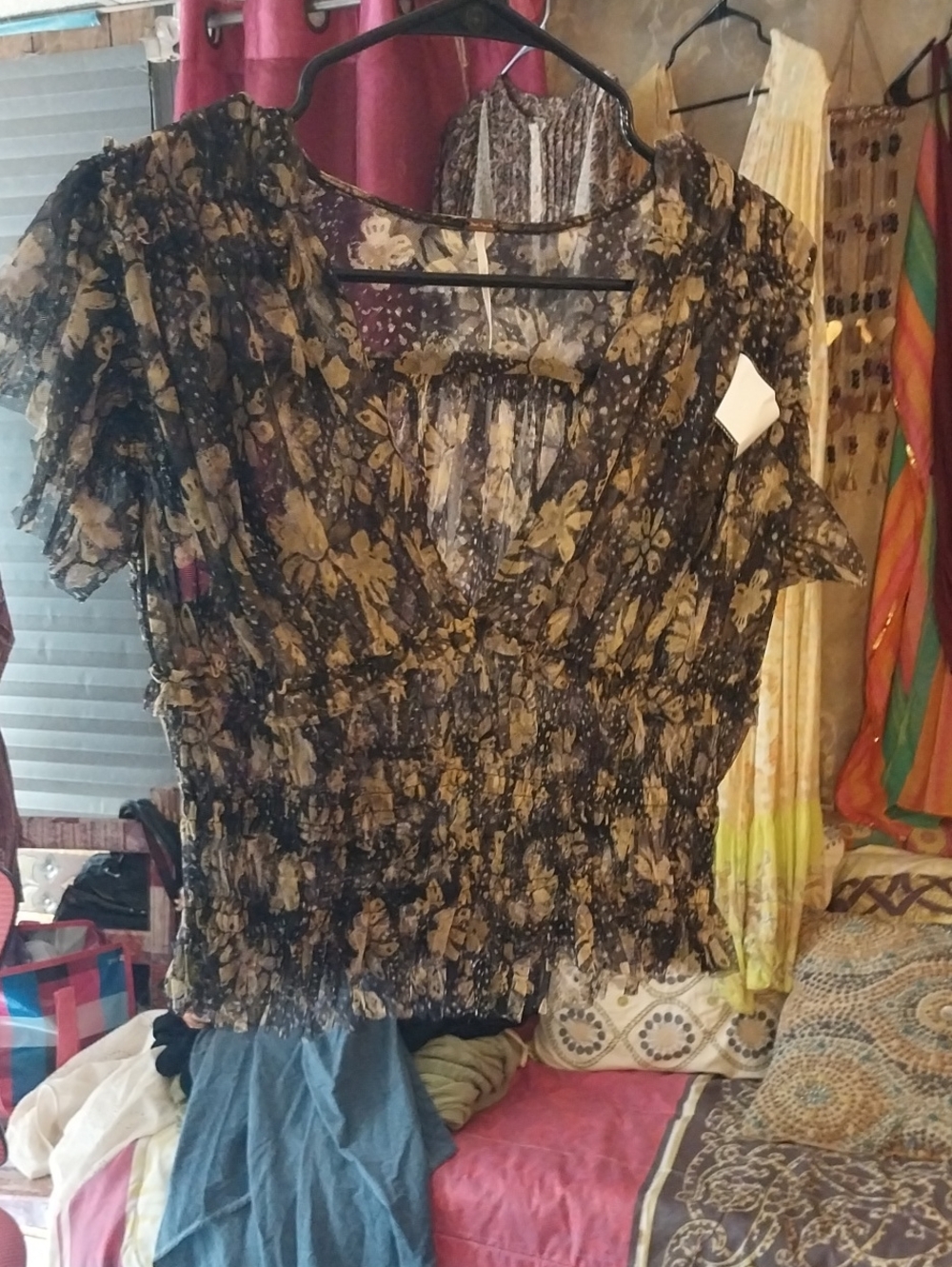 Free People Black Sheer Floral Smocked Blouse with Beige Print